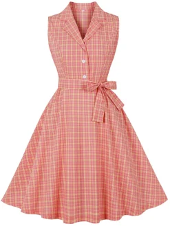 Fashion Retro Stage 1950s Plaid Buttoned Lapel Belted Dress Pink