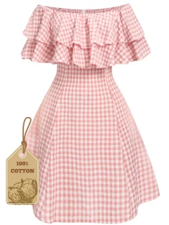 Discount Retro Stage 1950s Plaid Cotton Off-Shoulder Dress Pink