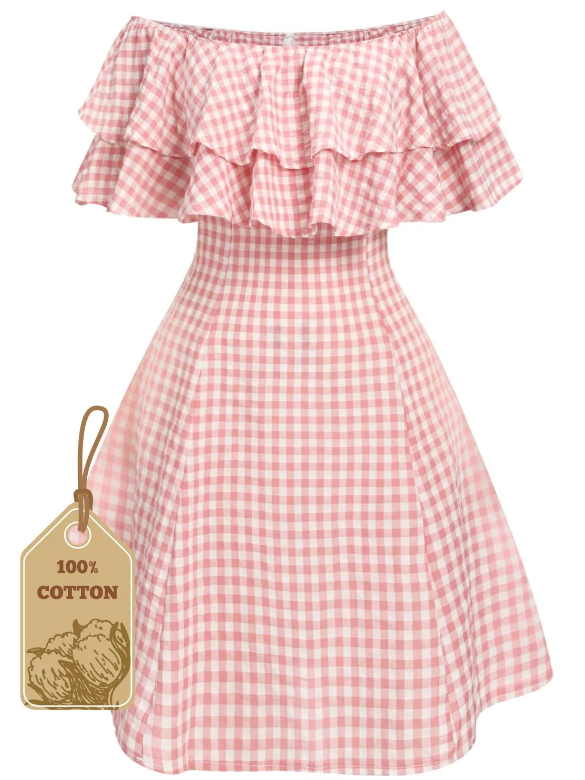 Discount Retro Stage 1950s Plaid Cotton Off-Shoulder Dress Pink