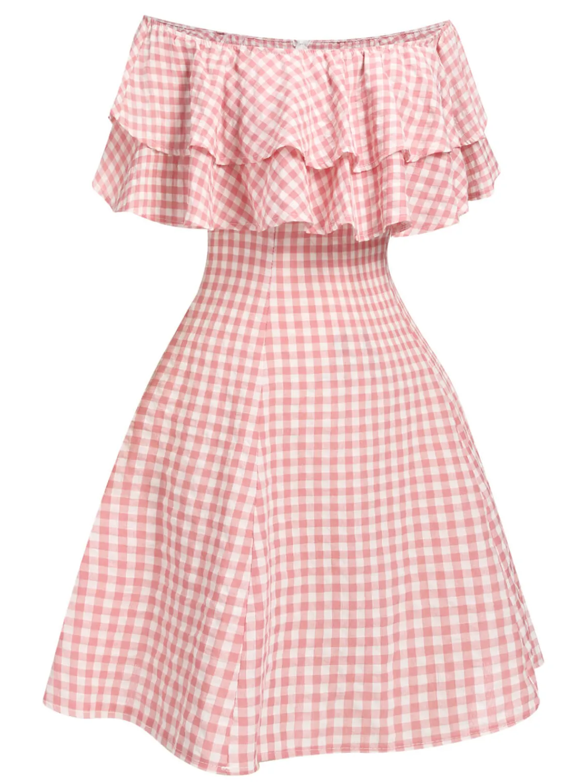 Discount Retro Stage 1950s Plaid Cotton Off-Shoulder Dress Pink