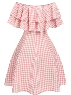 Discount Retro Stage 1950s Plaid Cotton Off-Shoulder Dress Pink
