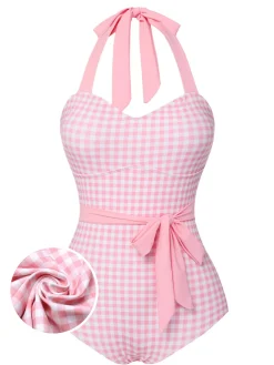 Fashion Retro Stage 1940s Plaid Halter One-Piece Swimsuit Pink