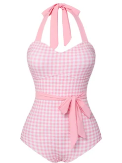 Fashion Retro Stage 1940s Plaid Halter One-Piece Swimsuit Pink