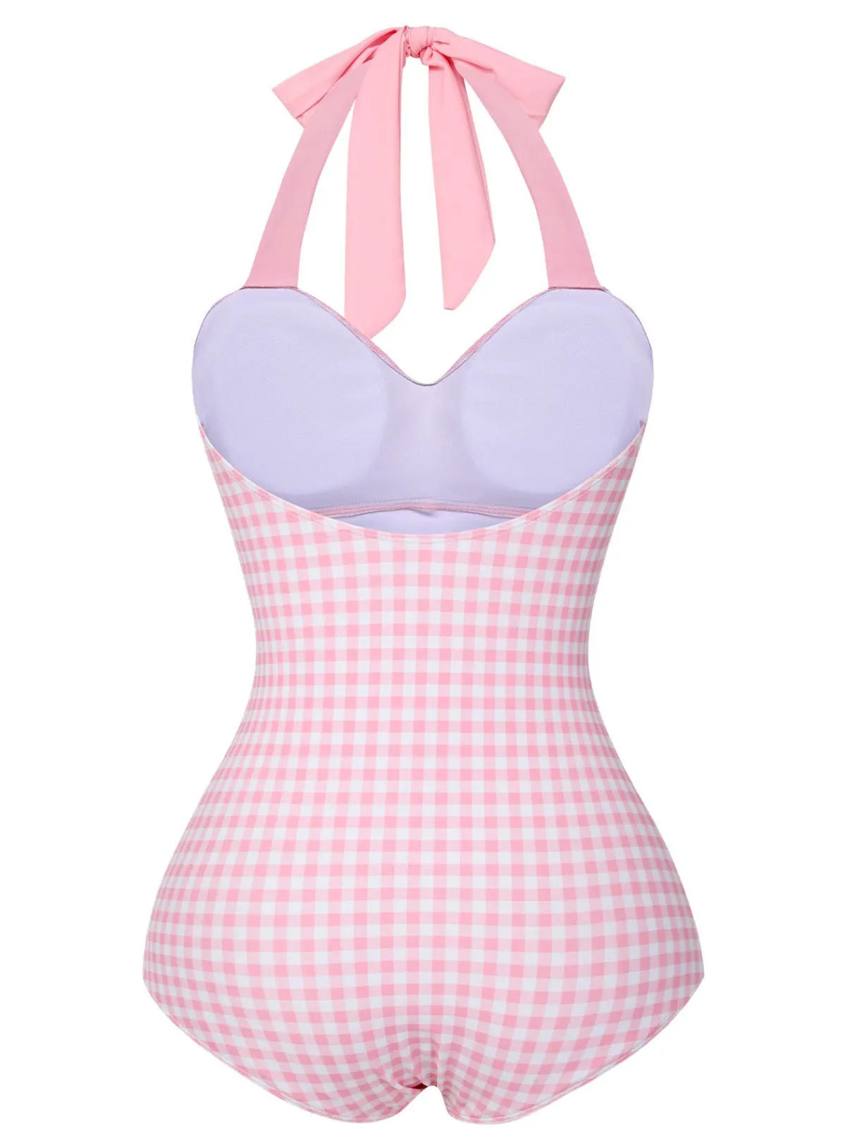 Fashion Retro Stage 1940s Plaid Halter One-Piece Swimsuit Pink