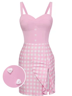 Fashion Retro Stage 1960s Plaid Heart Slit Strap Dress Pink