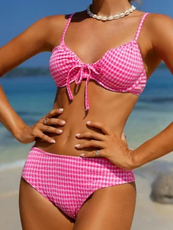 Hot Retro Stage 1950s Plaid Lace-Up Bikini Set Pink