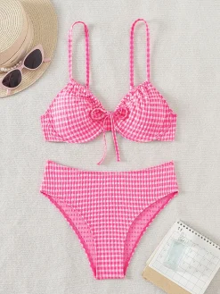 Hot Retro Stage 1950s Plaid Lace-Up Bikini Set Pink