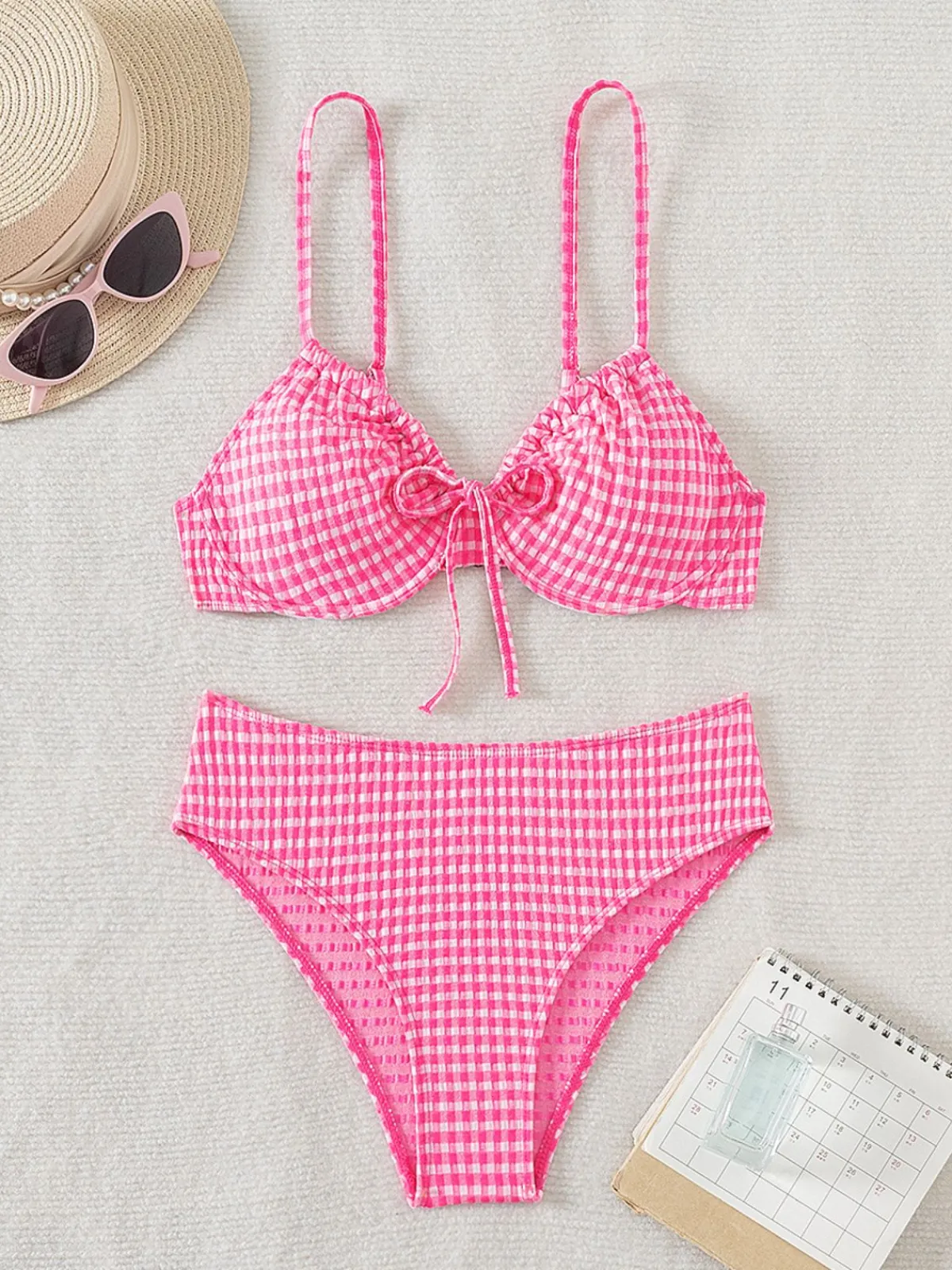 Hot Retro Stage 1950s Plaid Lace-Up Bikini Set Pink