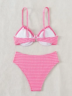 Hot Retro Stage 1950s Plaid Lace-Up Bikini Set Pink