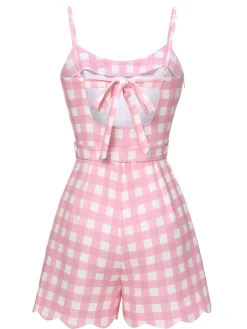 Best Retro Stage 1950s Plaid Spaghetti Strap Romper Pink