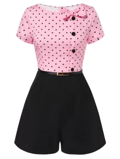 Outlet Retro Stage 1950s Polka Dot Bow Romper Pink