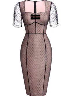 Online Retro Stage 1960s Polka Dot Mesh Pencil Dress Pink