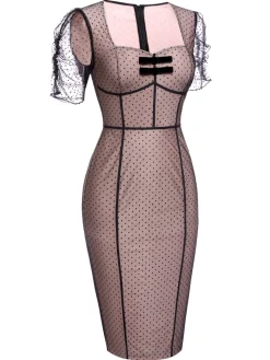 Online Retro Stage 1960s Polka Dot Mesh Pencil Dress Pink