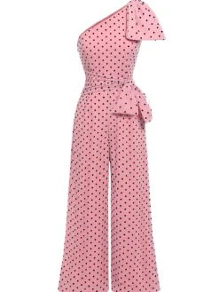 Clearance Retro Stage 1930s Polka Dot One-shoulder Jumpsuit Pink
