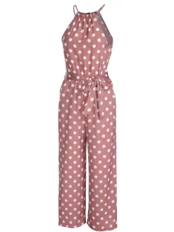Sale Retro Stage Pink 1930s Polka Dots Drawstring Halter Jumpsuit Coral Pink