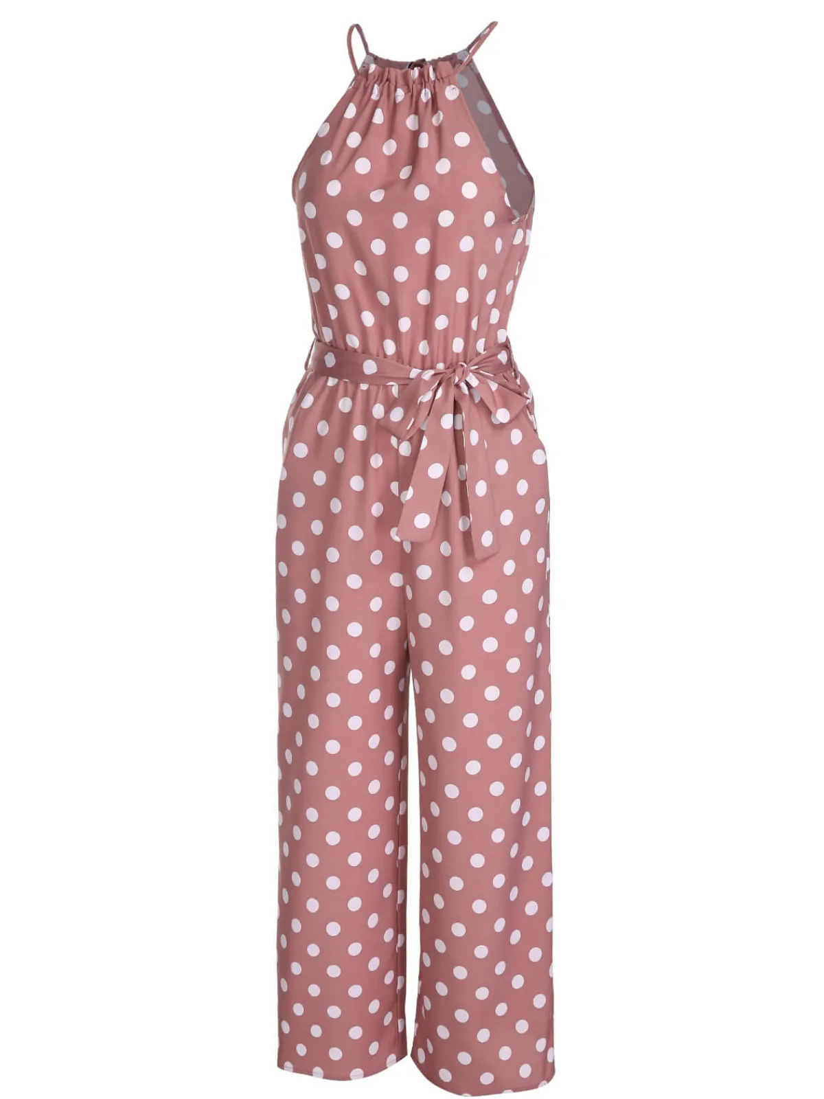 Sale Retro Stage Pink 1930s Polka Dots Drawstring Halter Jumpsuit Coral Pink