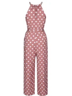 Sale Retro Stage Pink 1930s Polka Dots Drawstring Halter Jumpsuit Coral Pink