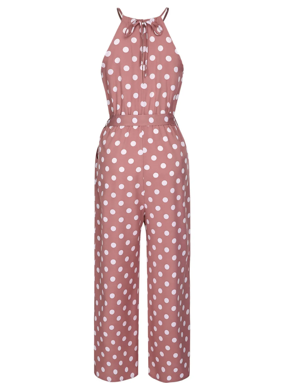 Sale Retro Stage Pink 1930s Polka Dots Drawstring Halter Jumpsuit Coral Pink