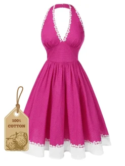 Best Retro Stage 1950s Polka Dots Halter Cotton Dress Pink