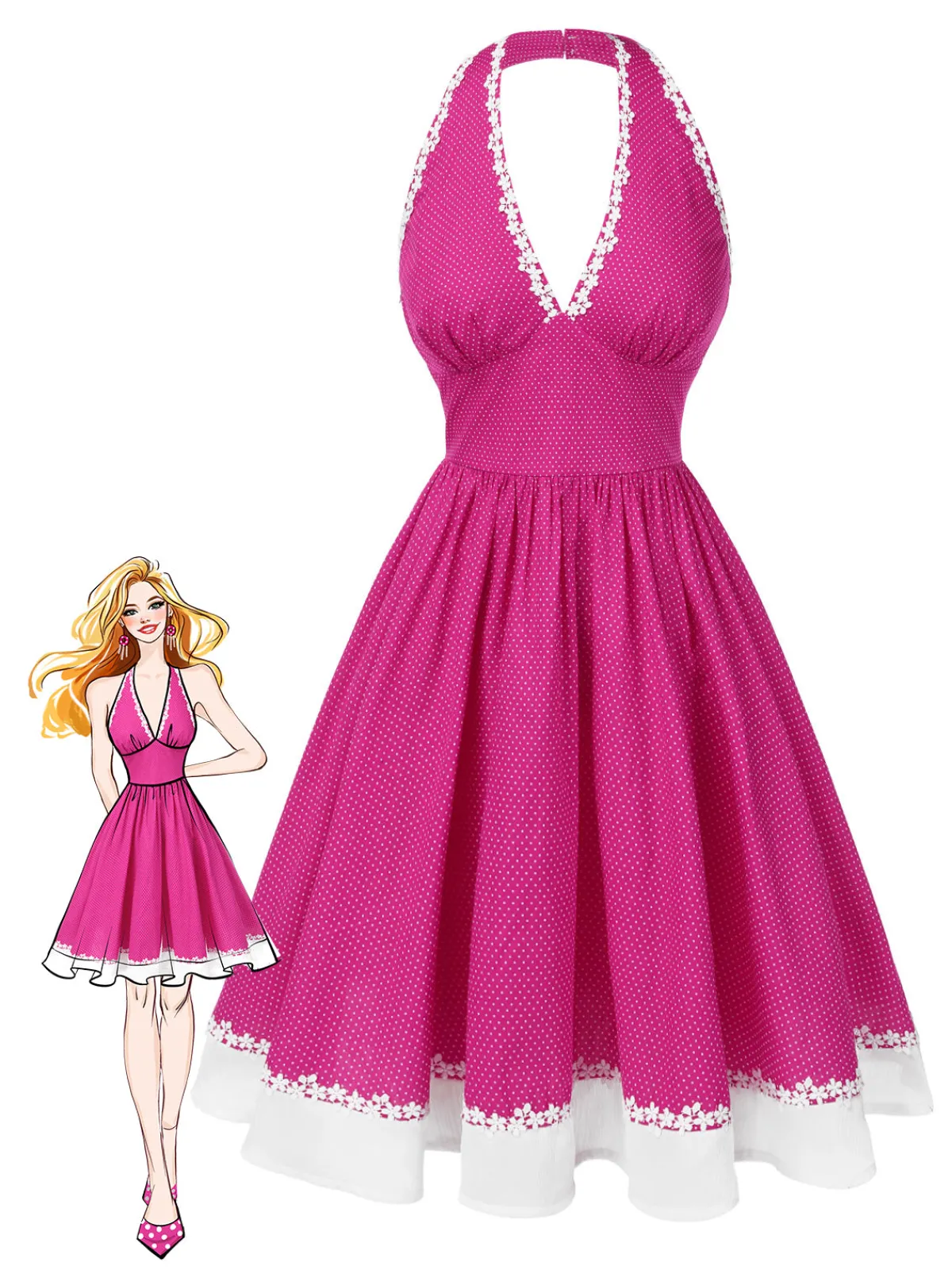 Best Retro Stage 1950s Polka Dots Halter Cotton Dress Pink