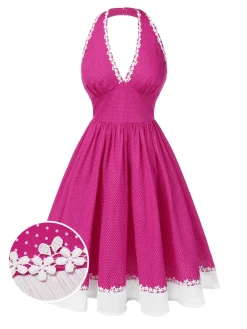 Best Retro Stage 1950s Polka Dots Halter Cotton Dress Pink