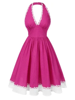 Best Retro Stage 1950s Polka Dots Halter Cotton Dress Pink