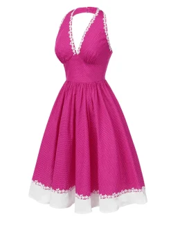 Best Retro Stage 1950s Polka Dots Halter Cotton Dress Pink