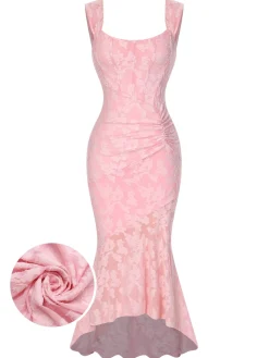 Fashion Retro Stage 1930s Printed Textured Fishtail Strapless Dress Pink