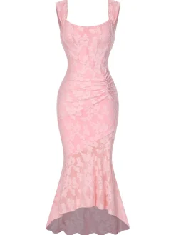 Fashion Retro Stage 1930s Printed Textured Fishtail Strapless Dress Pink