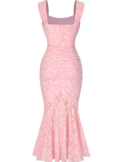 Fashion Retro Stage 1930s Printed Textured Fishtail Strapless Dress Pink