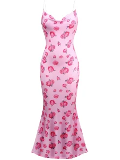 New Retro Stage 1930s Rose Cowl Neck Fishtail Dress Pink