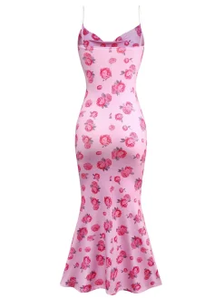 New Retro Stage 1930s Rose Cowl Neck Fishtail Dress Pink