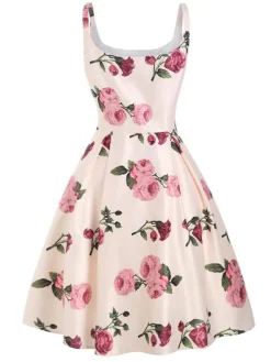 Outlet Retro Stage 1950s Rose Floral Swing Dress Pink