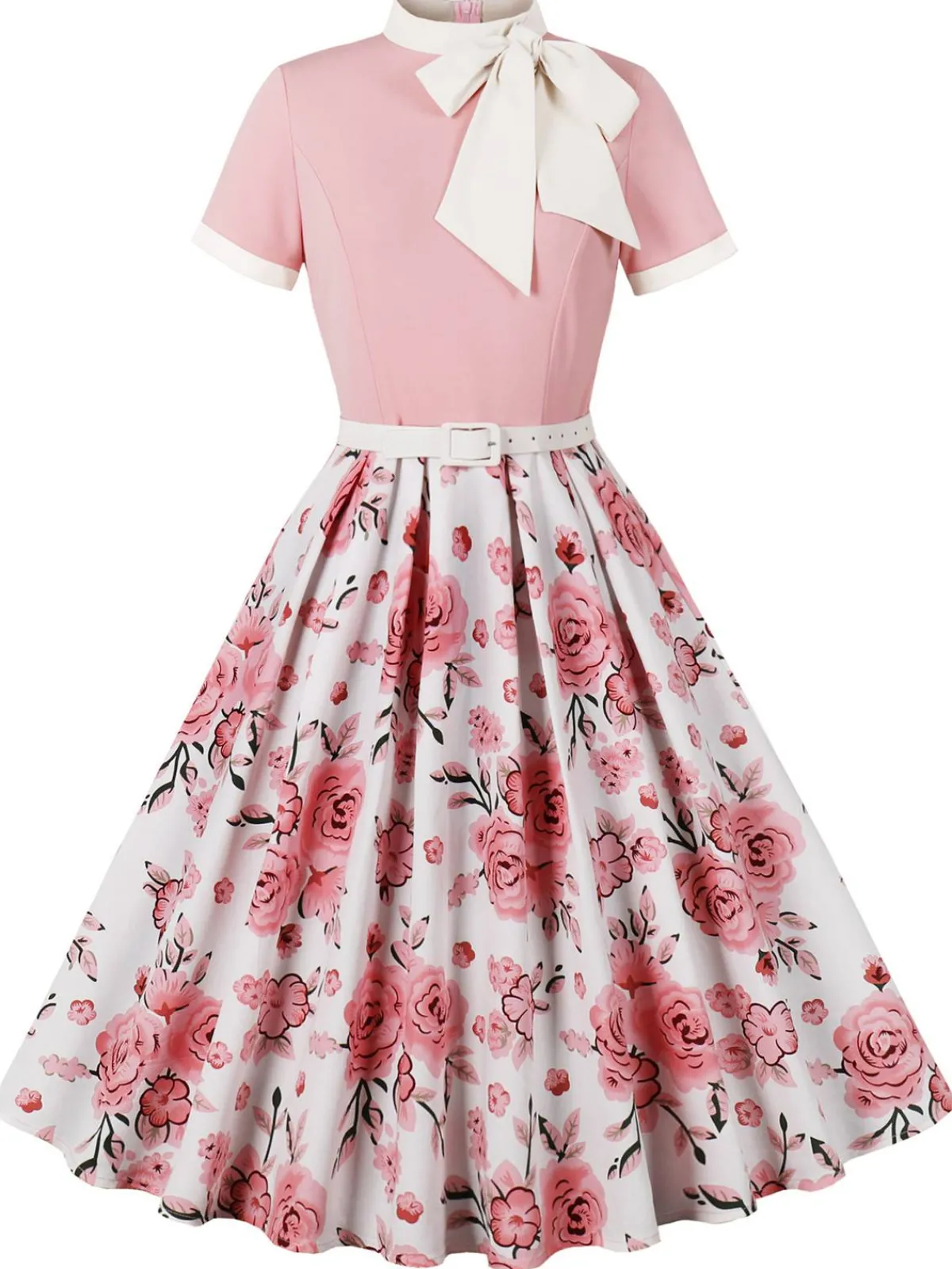 Sale Retro Stage 1950s Rose Patchwork Tie Collar Dress Pink