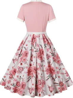 Sale Retro Stage 1950s Rose Patchwork Tie Collar Dress Pink