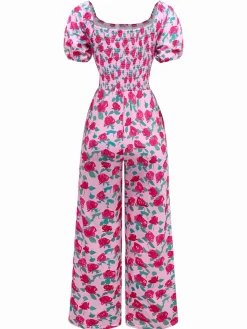 Discount Retro Stage 1930s Rose Puff Sleeve Jumpsuit Pink