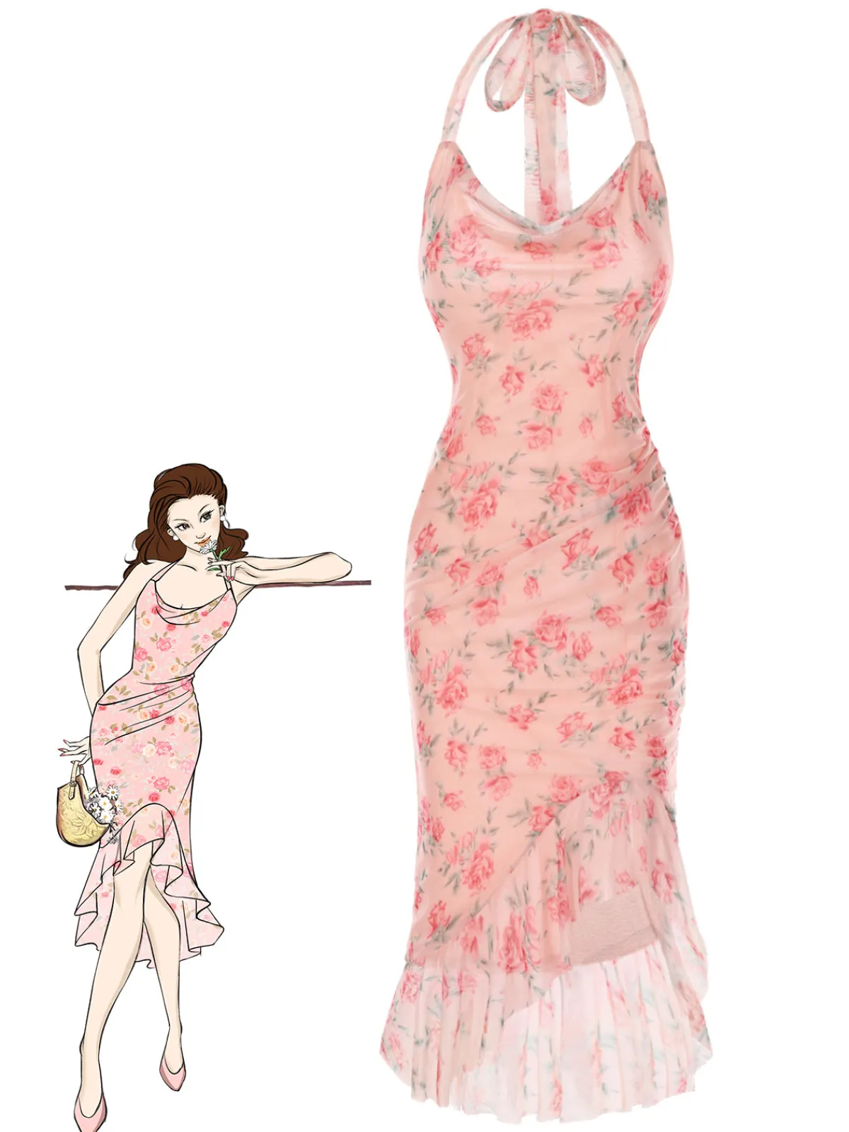 Fashion Retro Stage Pink 1930s Rose Silk Mesh Mermaid Dress Pale Pink