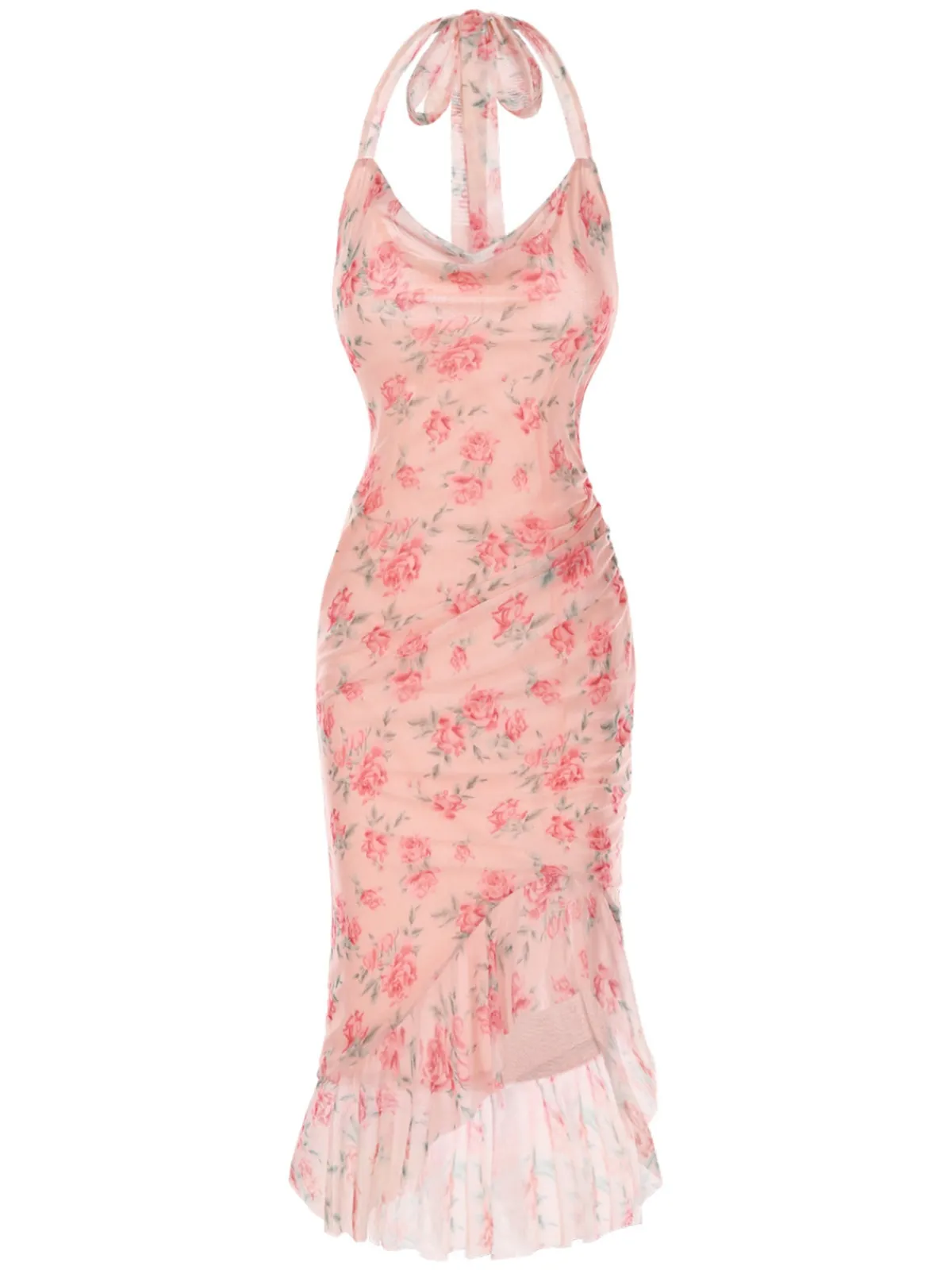 Fashion Retro Stage Pink 1930s Rose Silk Mesh Mermaid Dress Pale Pink