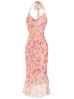 Fashion Retro Stage Pink 1930s Rose Silk Mesh Mermaid Dress Pale Pink