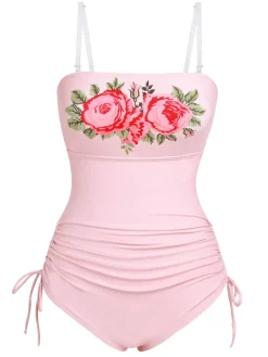 Best Retro Stage 1940s Rose Strap One-piece Swimsuit Pink