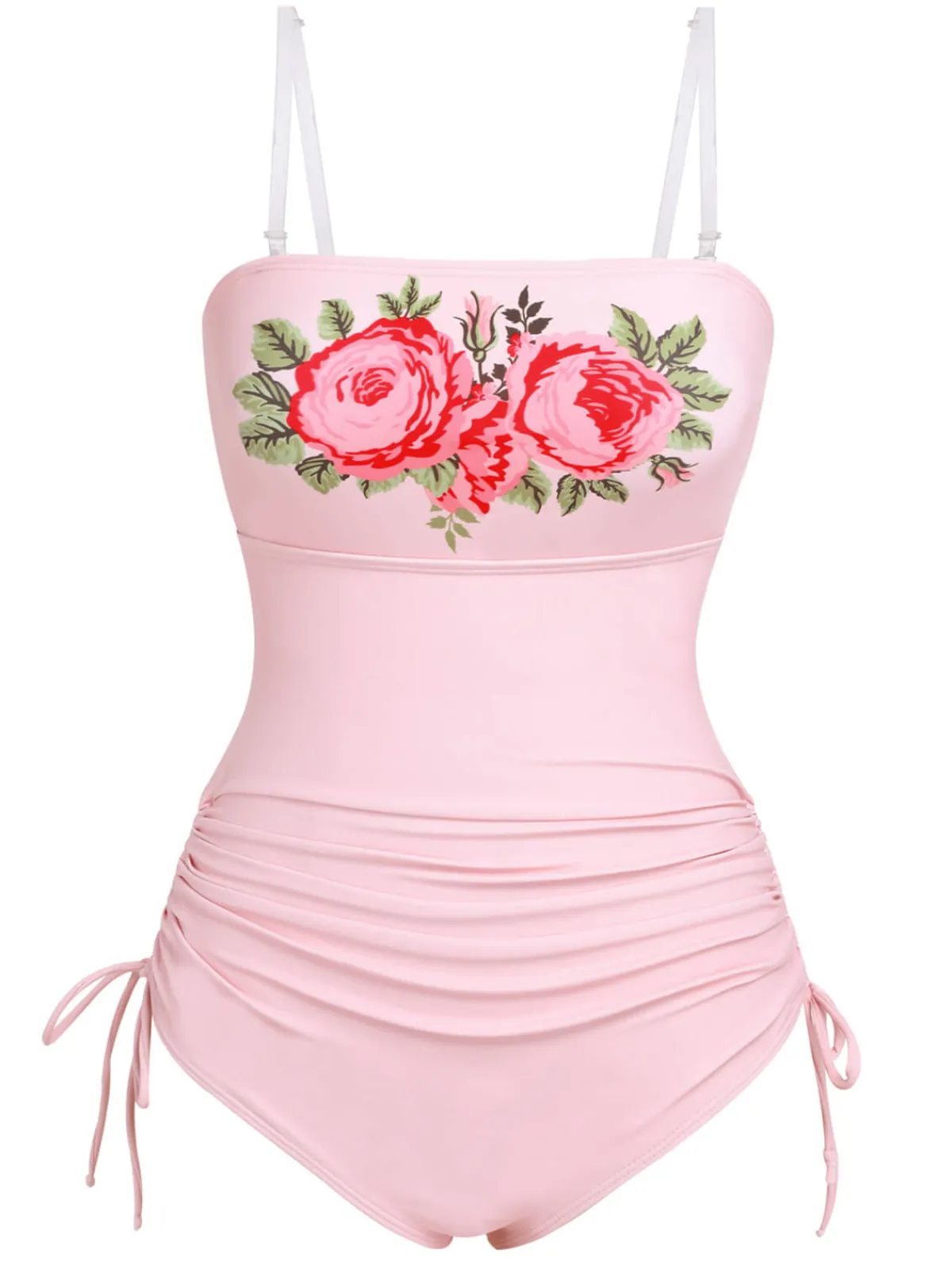 Best Retro Stage 1940s Rose Strap One-piece Swimsuit Pink