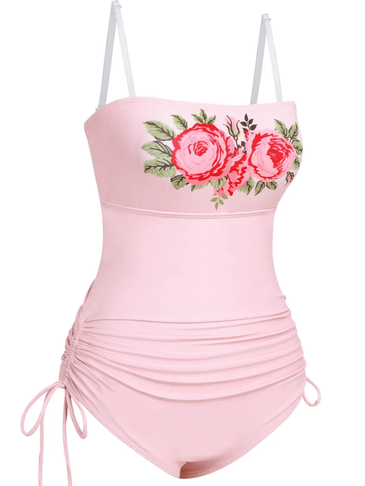 Best Retro Stage 1940s Rose Strap One-piece Swimsuit Pink