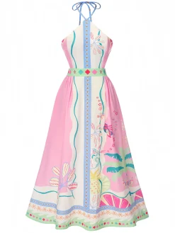 Hot Retro Stage 1970s Round Halter Tropical Boho Dress Pink
