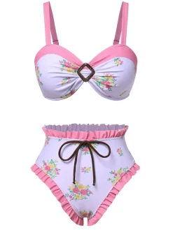 Best Retro Stage 1950s Ruffled Hem Floral Bikini Set Pink