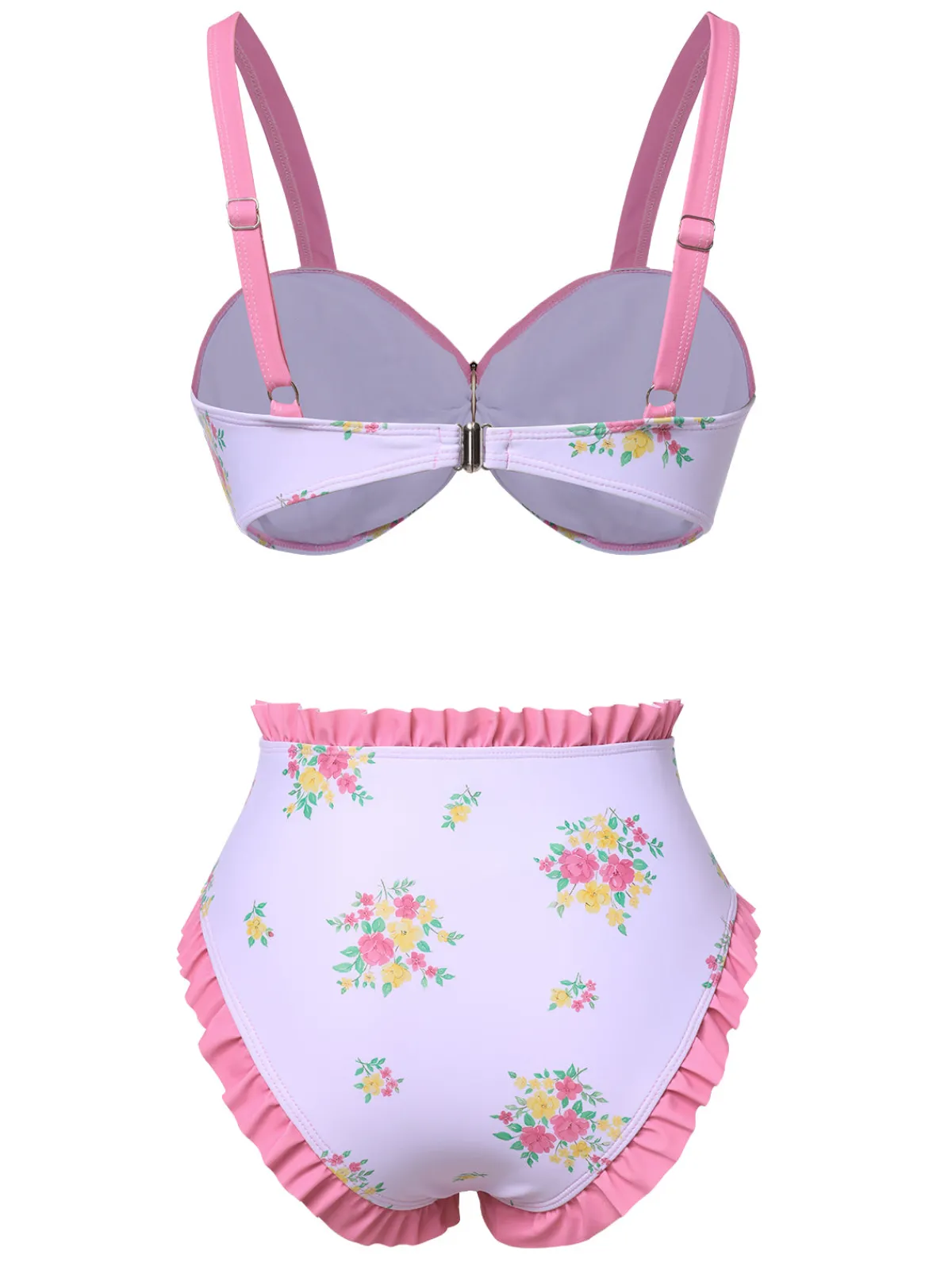 Best Retro Stage 1950s Ruffled Hem Floral Bikini Set Pink