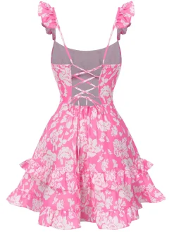 New Retro Stage 1970s Ruffled Suspender Lace-Up Floral Dress Pink