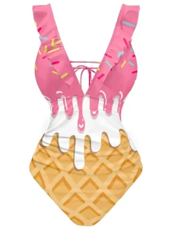 Outlet Retro Stage 1970s Ruffled Tie Back Ice-Cream Swimsuit Pink