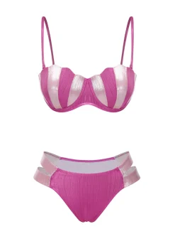 Fashion Retro Stage 1970s Shell Shape Patchwork Swimsuit Pink