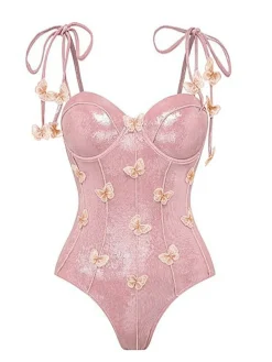 Discount Retro Stage 1950s Shimmery 3D Butterflies One-Piece Swimsuit Pink