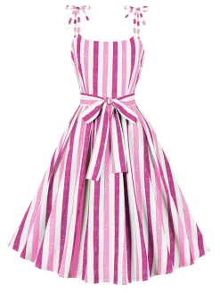 Best Retro Stage Pink 1950s Shoulder Tie Belted Stripes Dress
